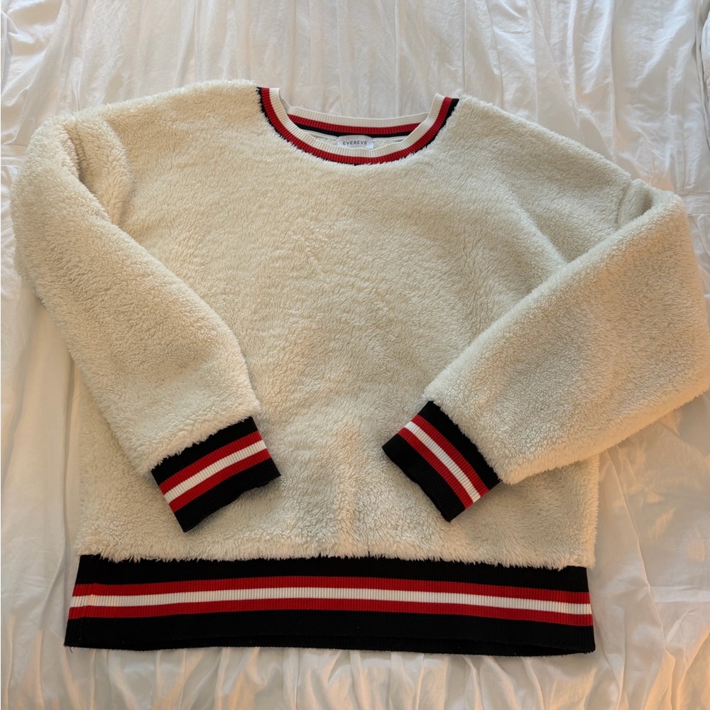 Evereve White Faux Fur Sweater with Red and Black Trim